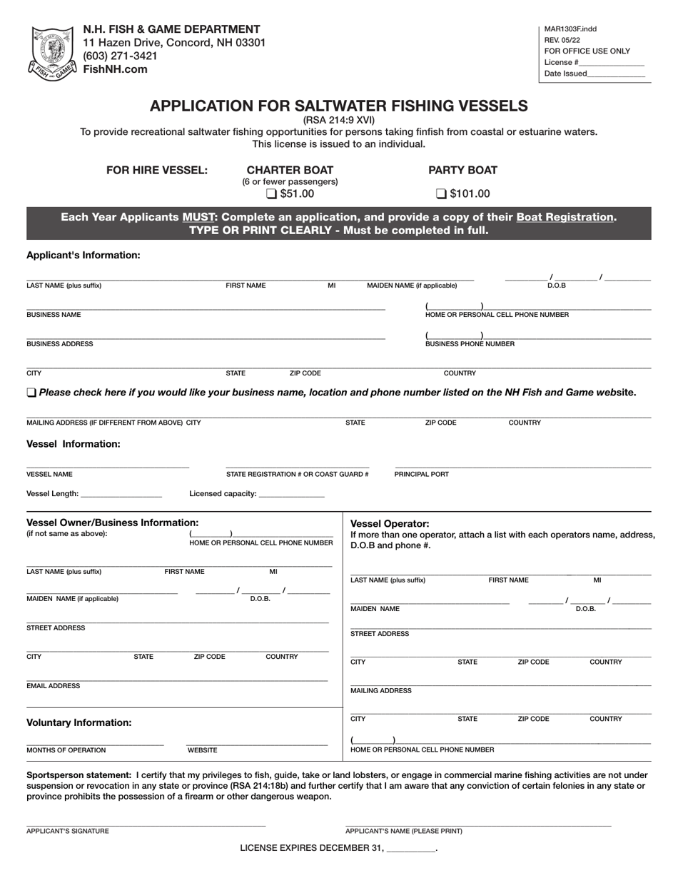 Form MAR1303F Application for Saltwater Fishing Vessels - New Hampshire, Page 1