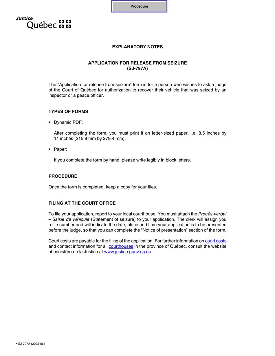 Form SJ-797A Application for Release From Seizure - Quebec, Canada, Page 1