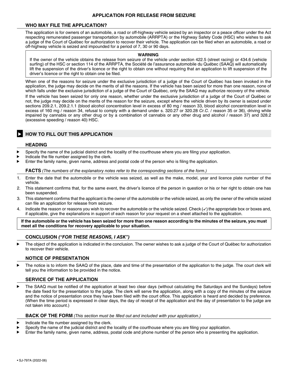 Form SJ-797A Application for Release From Seizure - Quebec, Canada, Page 2