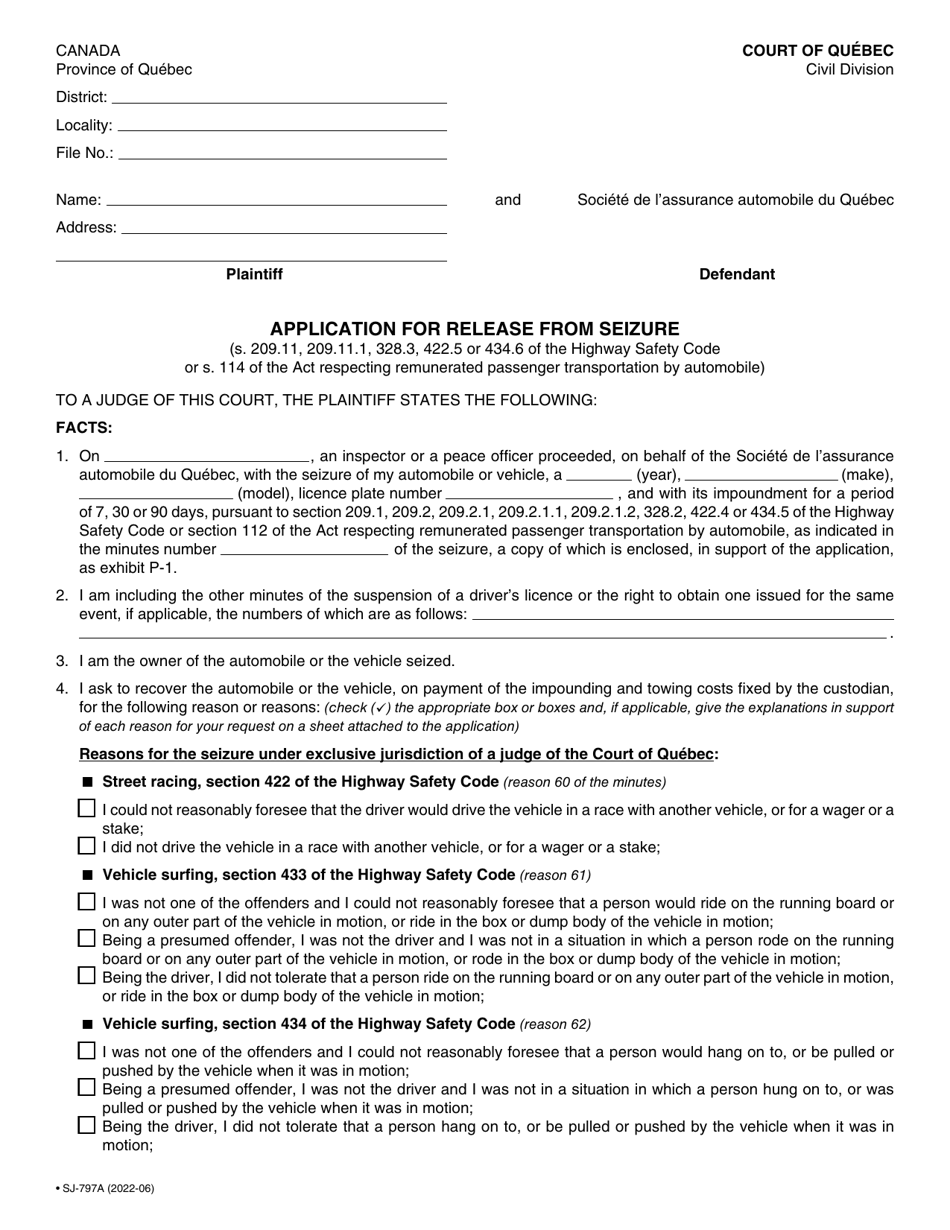 Form SJ-797A Application for Release From Seizure - Quebec, Canada, Page 3
