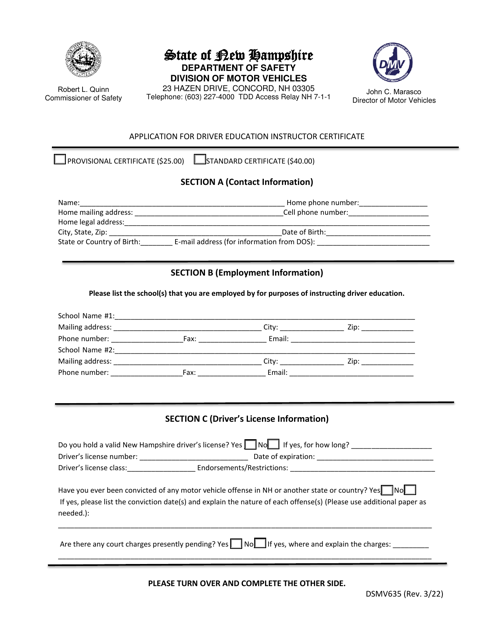 Form DSMV635 Application for Driver Education Instructor Certificate - New Hampshire