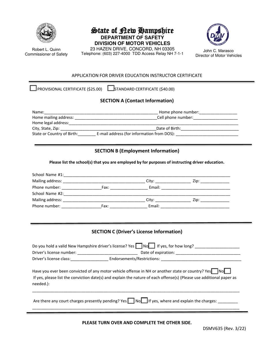 Form DSMV635 Application for Driver Education Instructor Certificate - New Hampshire, Page 1
