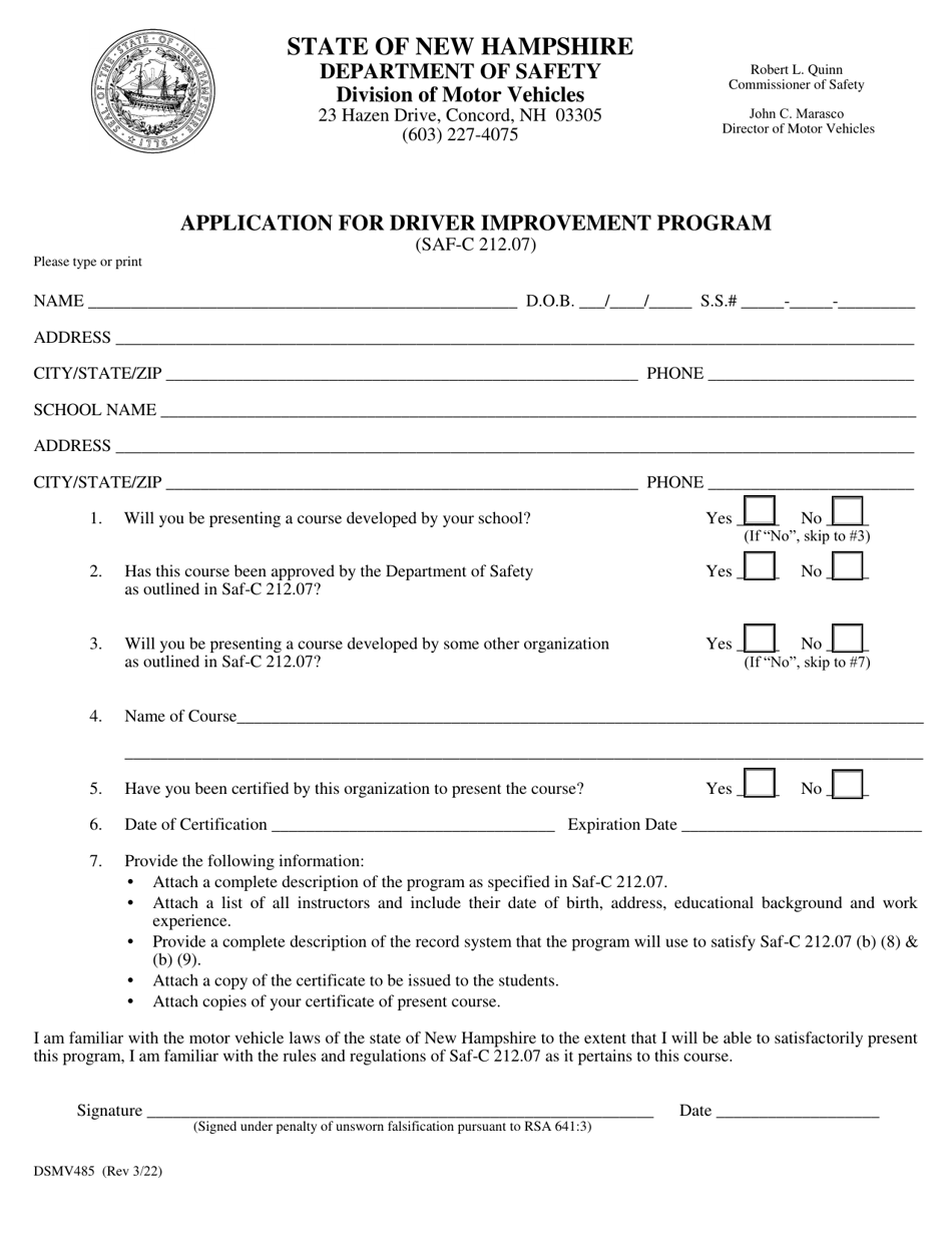 Form DSMV485 Application for Driver Improvement Program - New Hampshire, Page 1
