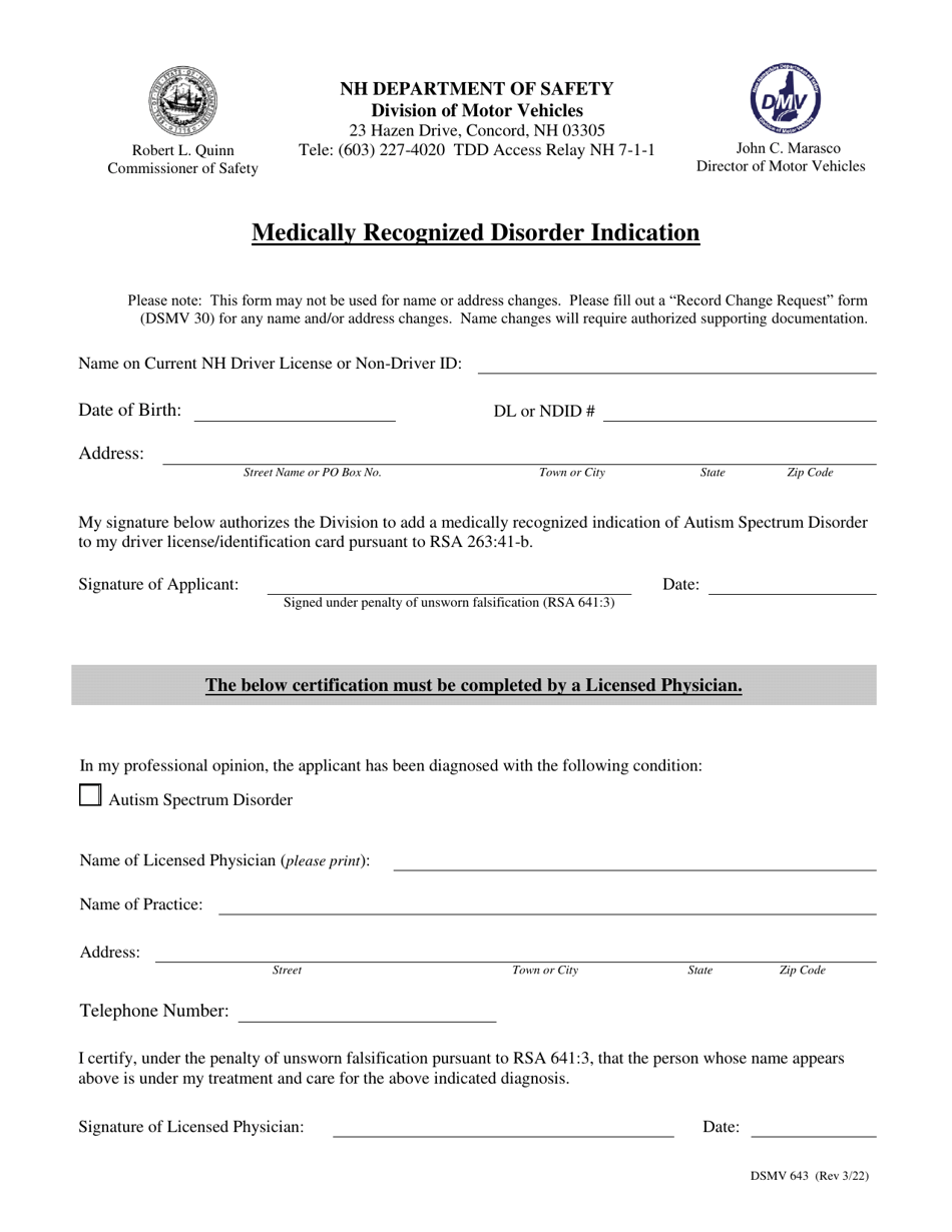 Form DSMV643 Medically Recognized Disorder Indication - New Hampshire, Page 1