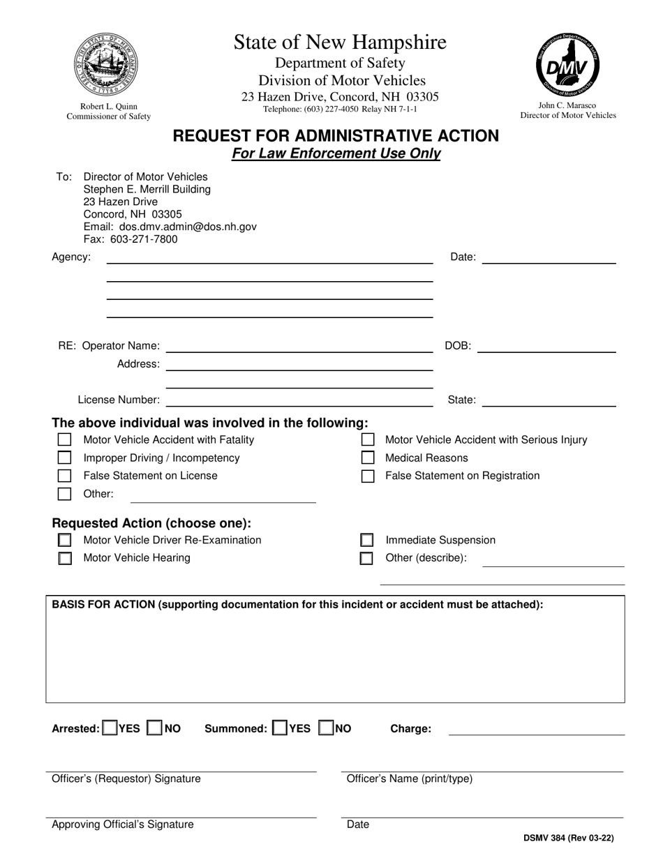 Form DSMV384 Request for Administrative Action for Law Enforcement Use Only - New Hampshire, Page 1