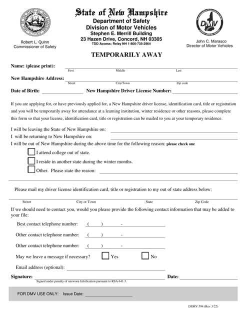 Form DSMV594 Temporarily Away - New Hampshire