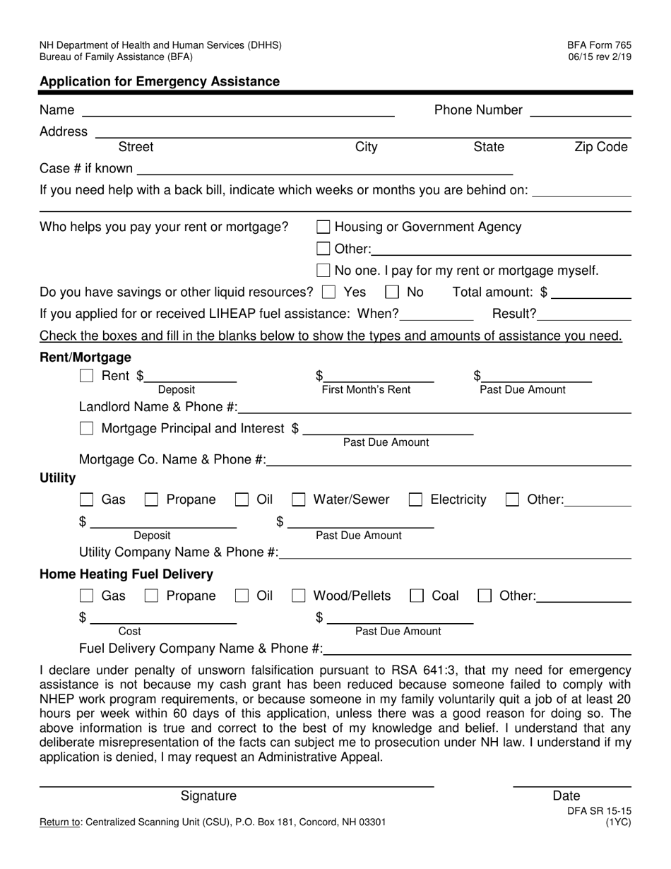 BFA Form 765 Application for Emergency Assistance - New Hampshire, Page 1