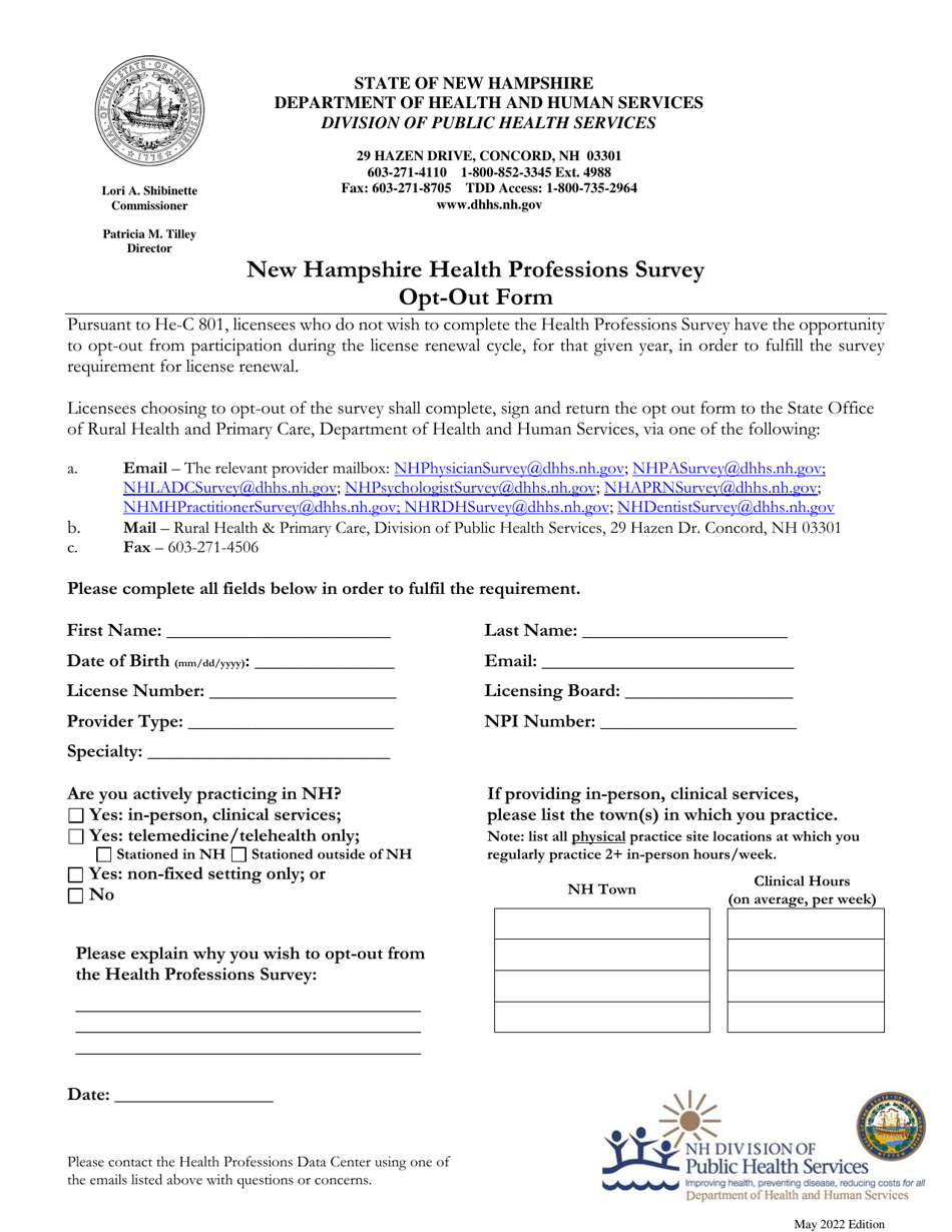 New Hampshire Health Professions Survey Opt-Out Form - New Hampshire, Page 1