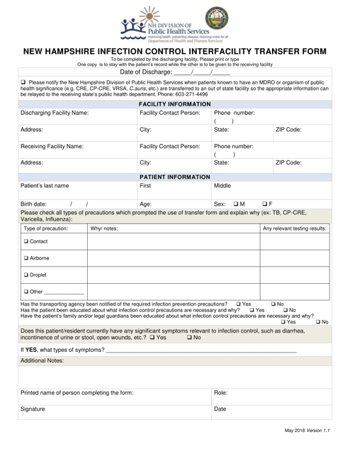 New Hampshire Infection Control Interfacility Transfer Form - New Hampshire