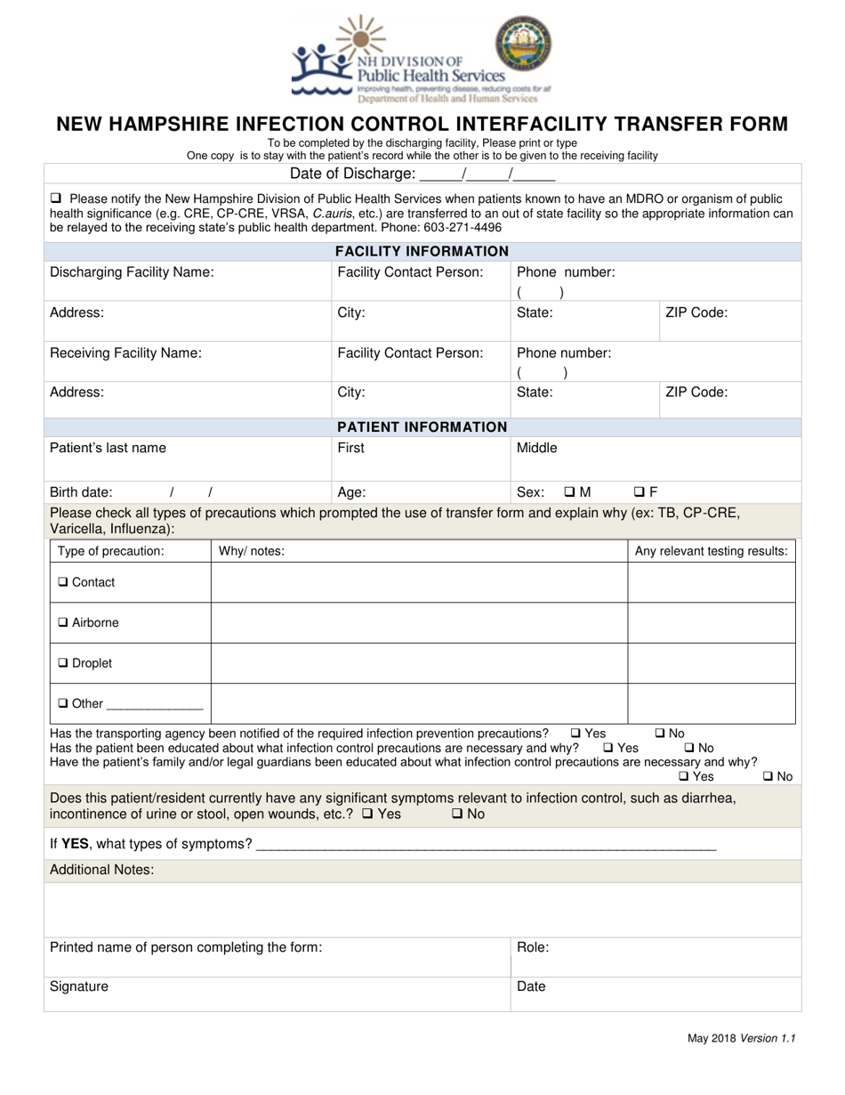 New Hampshire Infection Control Interfacility Transfer Form - New Hampshire, Page 1