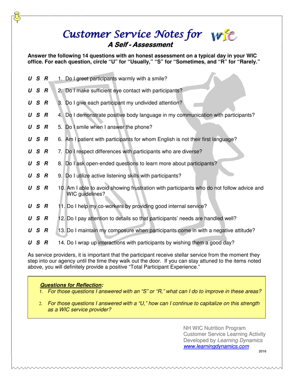 Wic Customer Service Notes for a Self-assessment - New Hampshire, Page 1