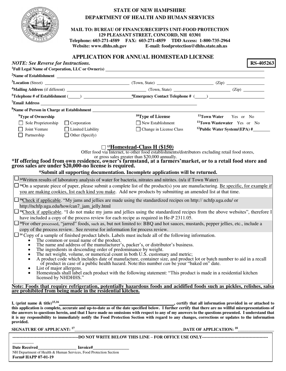 Form HAPP Application for Annual Homestead License - New Hampshire, Page 1