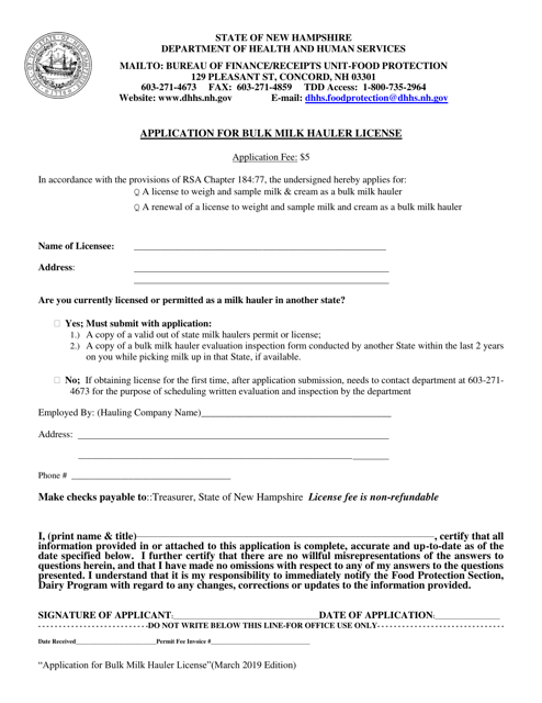 Application for Bulk Milk Hauler License - New Hampshire Download Pdf