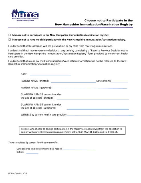 Choose Not to Participate in the New Hampshire Immunization / Vaccination Registry - New Hampshire Download Pdf