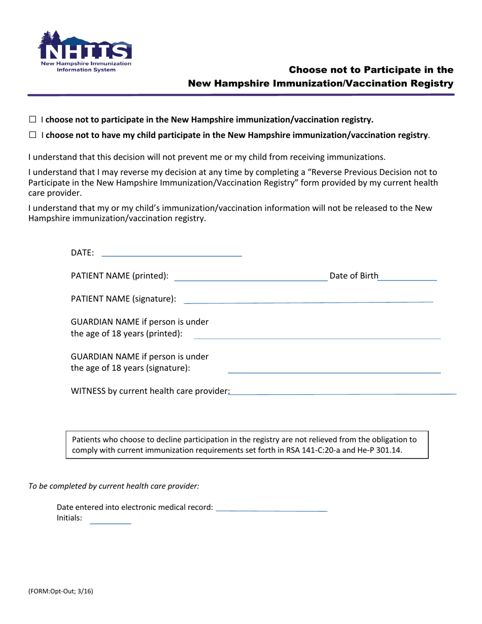 Choose Not to Participate in the New Hampshire Immunization / Vaccination Registry - New Hampshire, Page 1