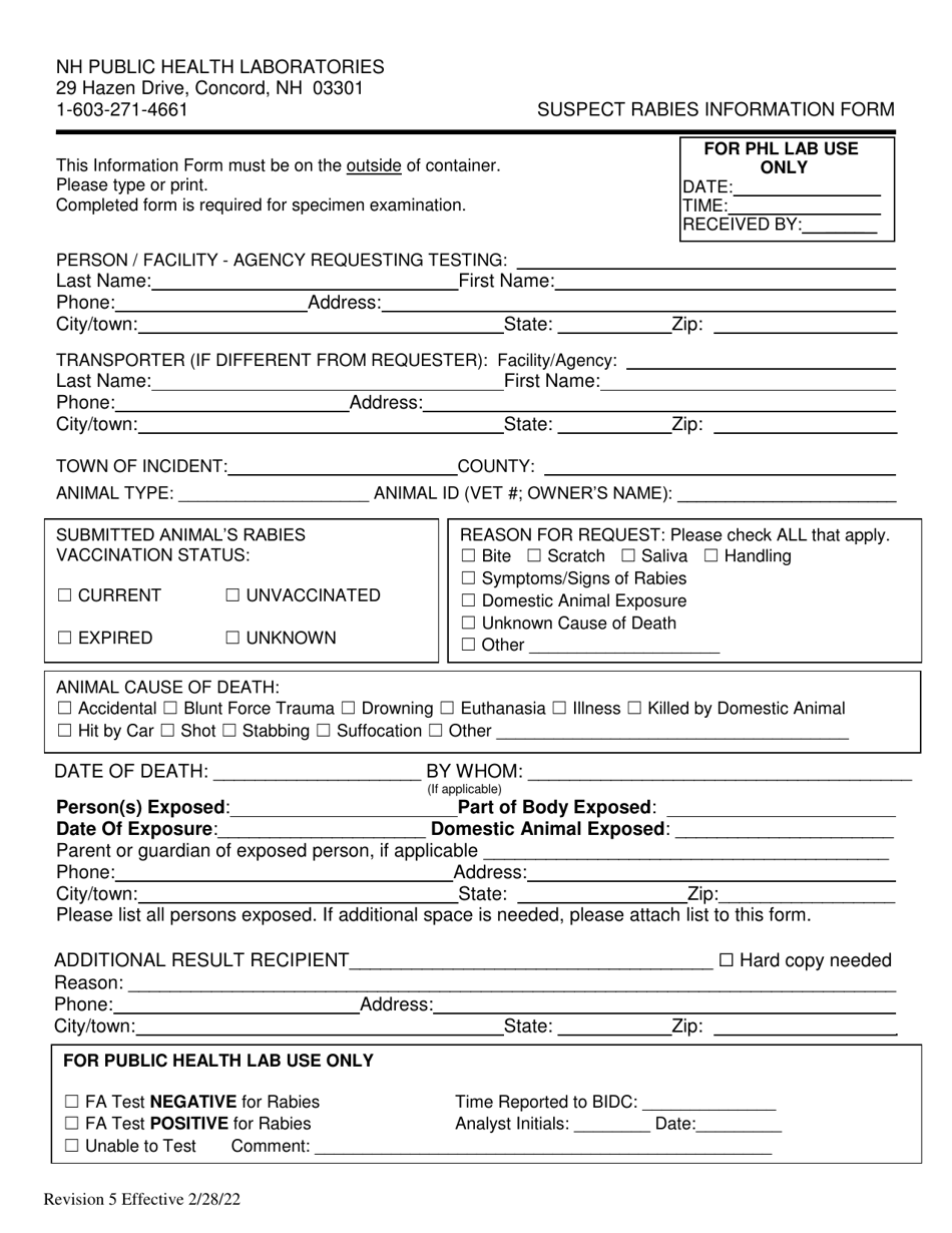 Suspect Rabies Information Form - New Hampshire, Page 2