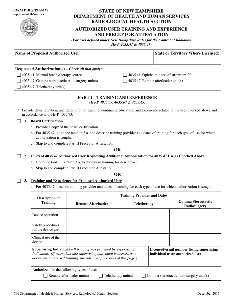 Form RHS-1M Supplement B Authorized User Training and Experience and Preceptor Attestation - New Hampshire, Page 1