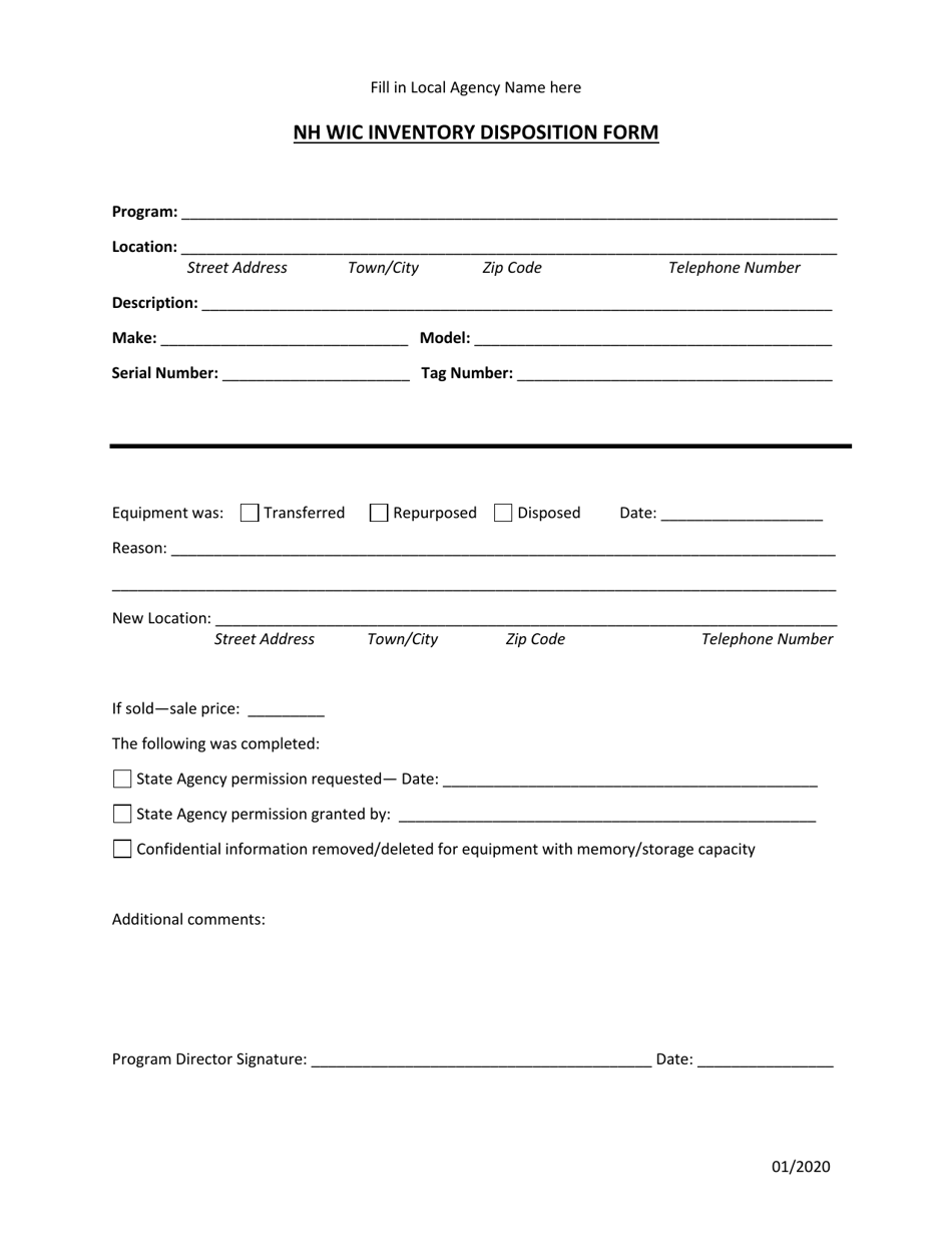 Wic Inventory Disposition Form - New Hampshire, Page 1