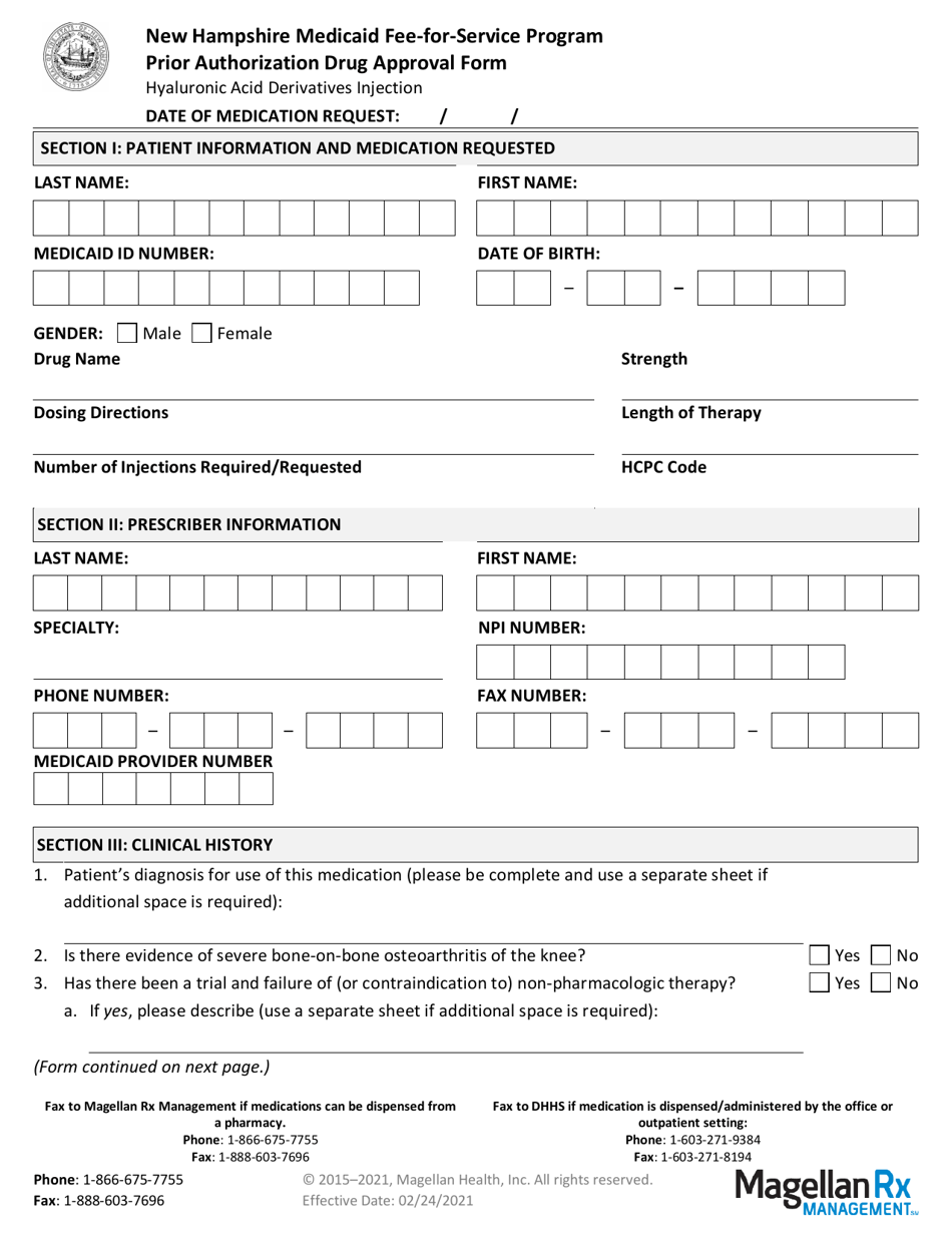 Prior Authorization Drug Approval Form - Hyaluronic Acid Derivatives Injection - Medicaid Fee-For-Service Program - New Hampshire, Page 1