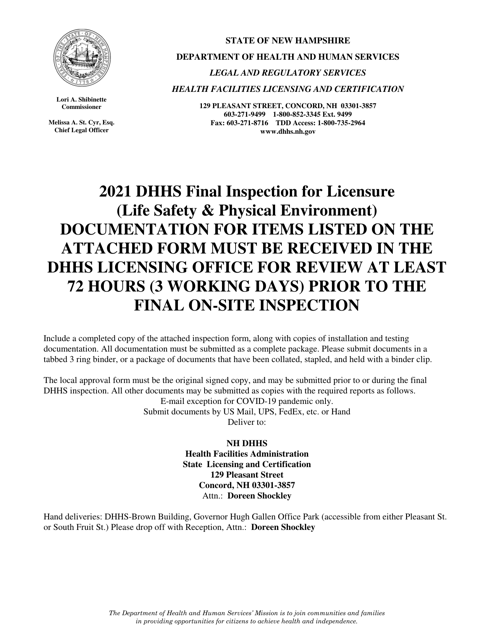 Dhhs Final Inspection for Licensure (Life Safety & Physical Environment) - New Hampshire Download Pdf
