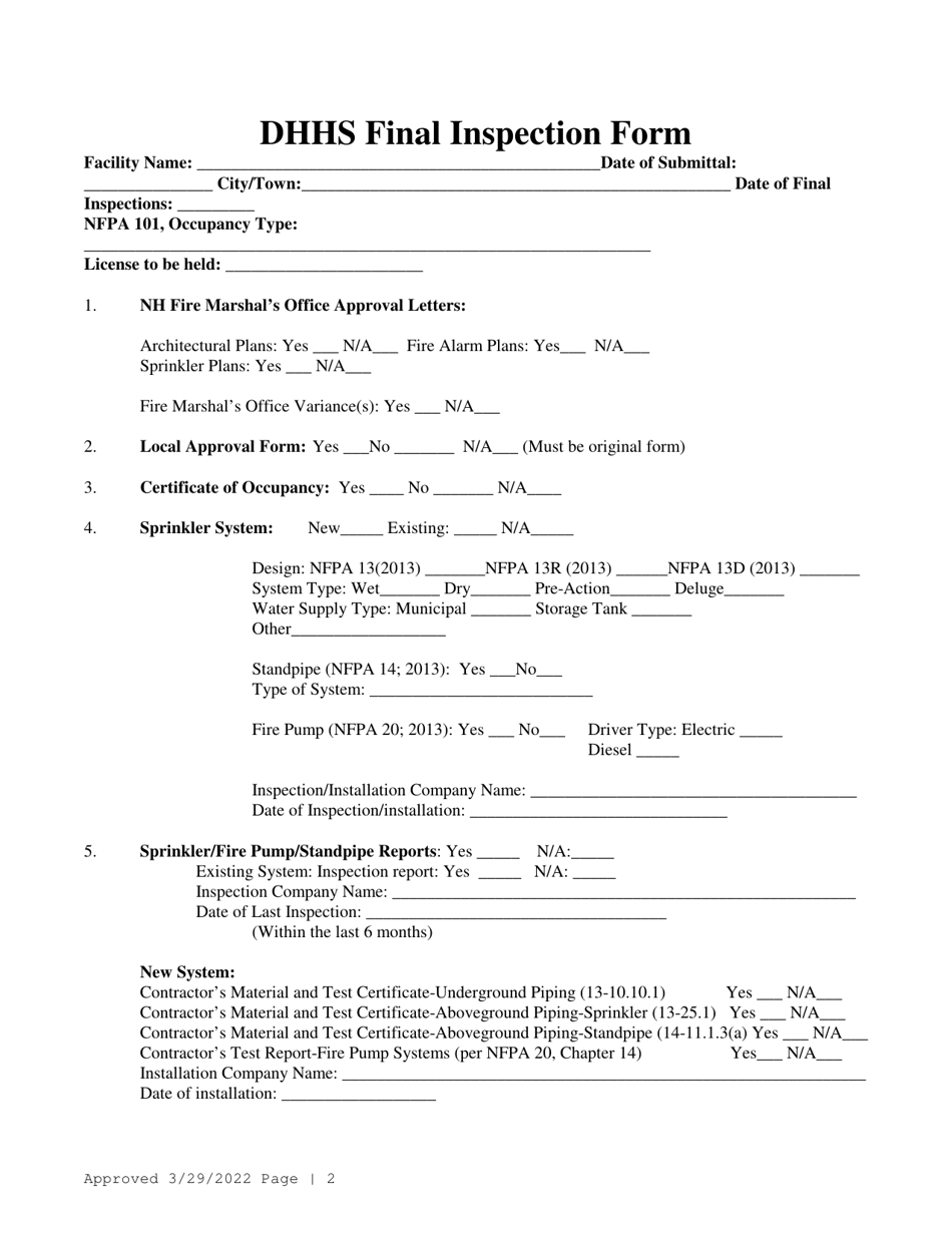 Dhhs Final Inspection for Licensure (Life Safety  Physical Environment) - New Hampshire, Page 2