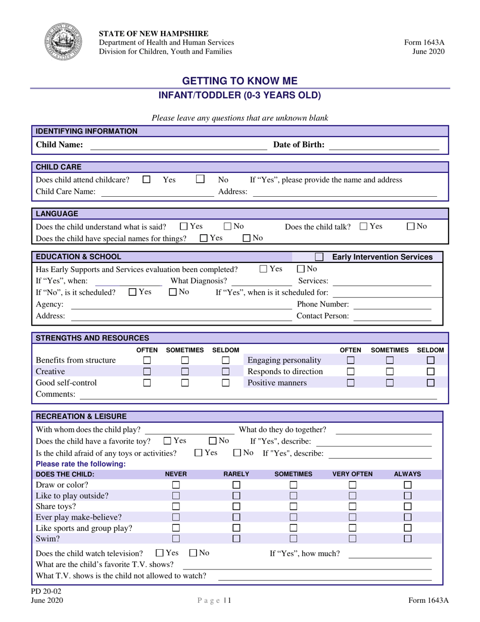 Form 1643A Getting to Know Me - Infant / Toddler (0-3 Years Old) - New Hampshire, Page 1