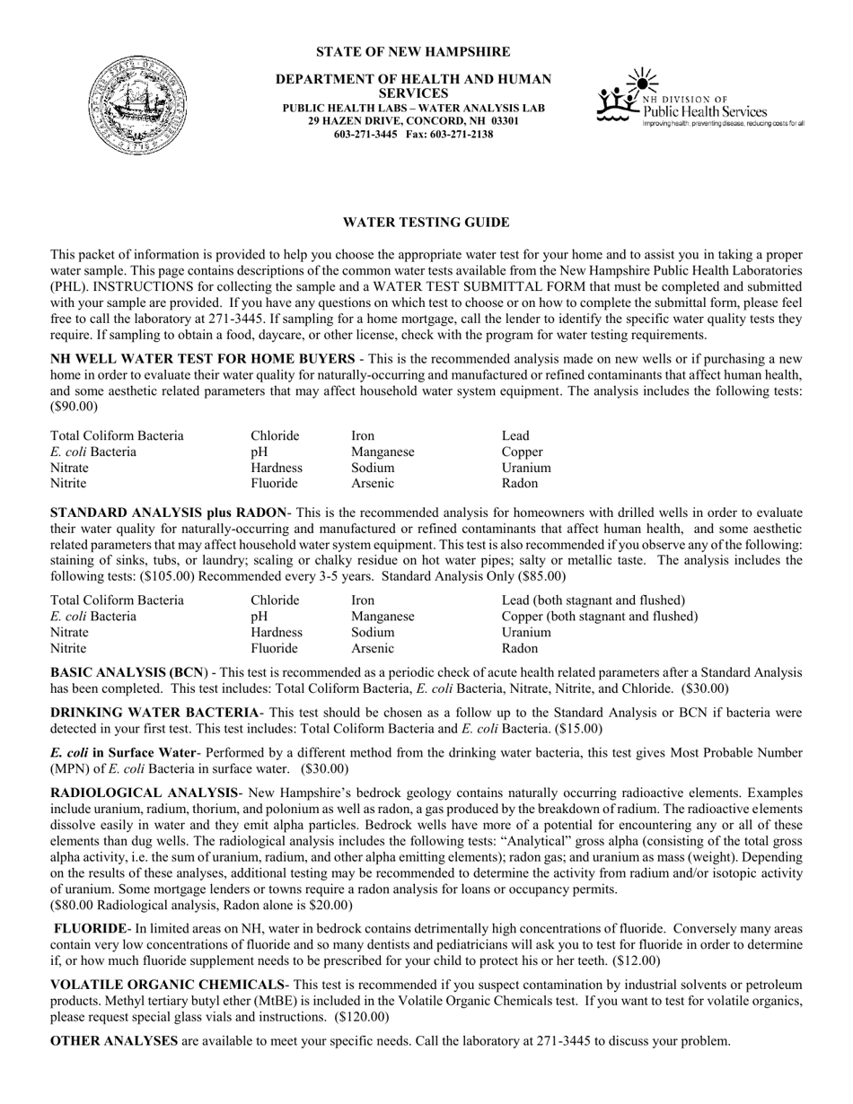 Water Test Submittal Form - Homeowner - New Hampshire, Page 1