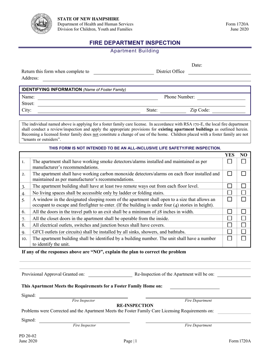Form 1720A Fire Department Inspection - Apartment Building - New Hampshire, Page 1