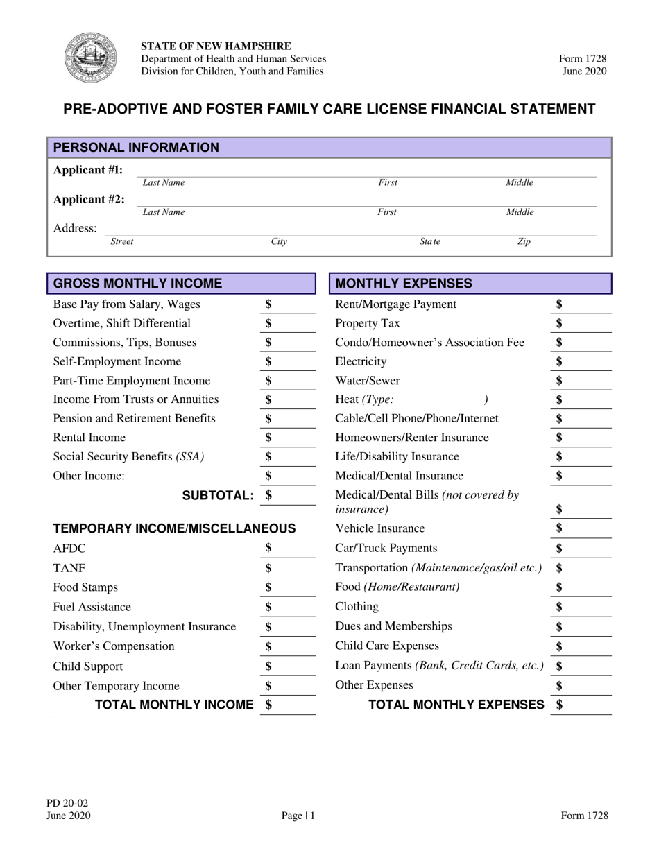 Form 1728 Pre-adoptive and Foster Family Care License Financial Statement - New Hampshire, Page 1