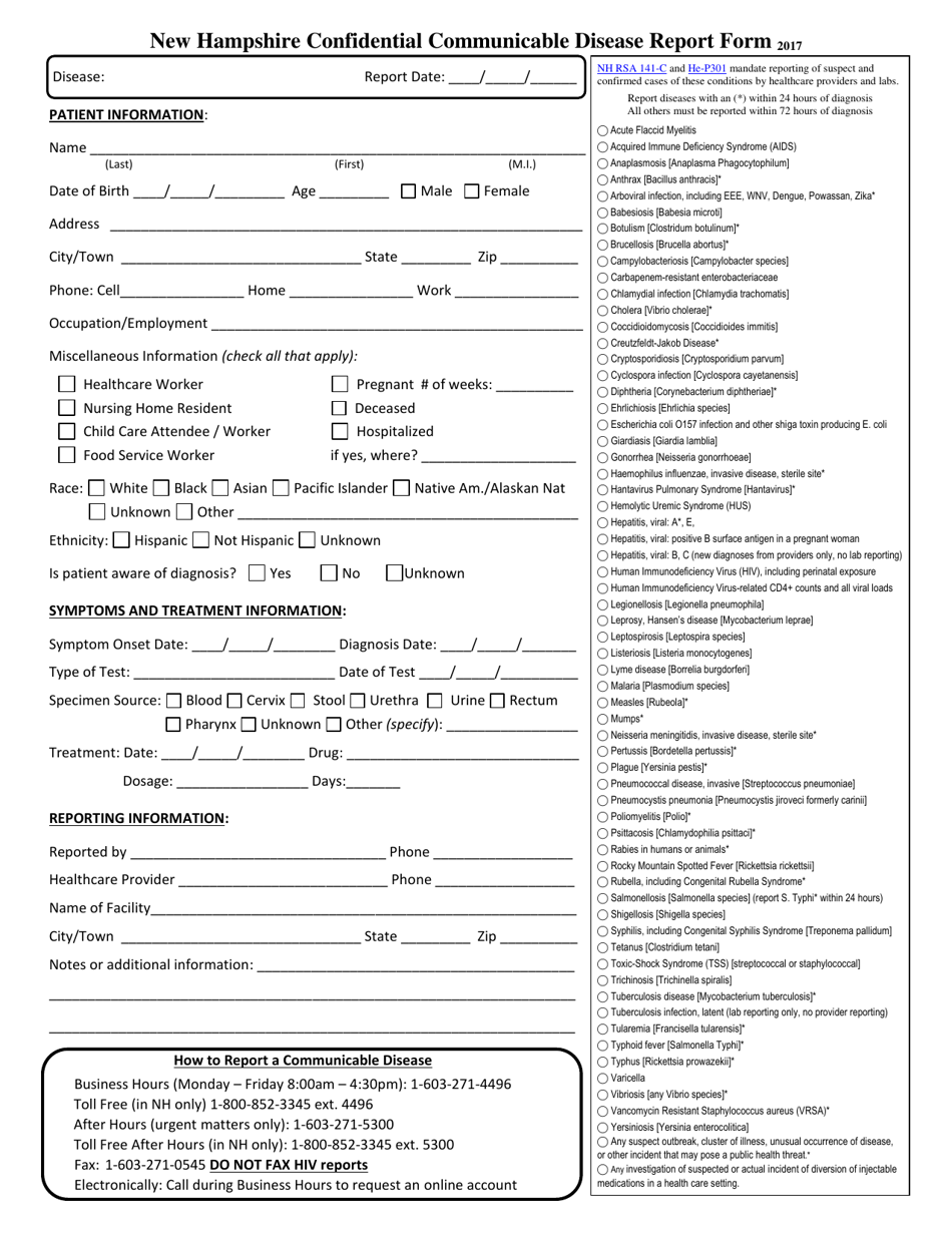 Confidential Communicable Disease Report Form - New Hampshire, Page 1