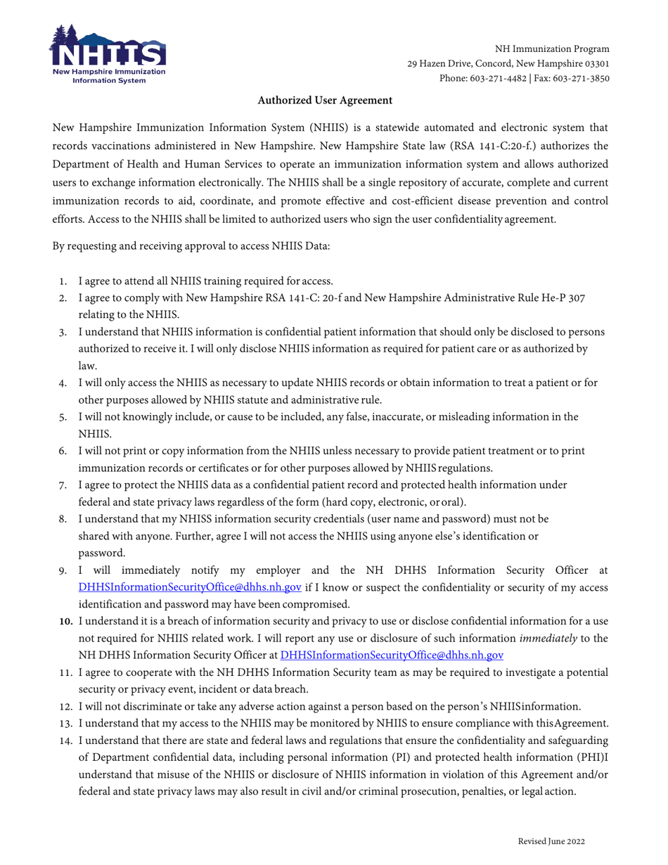 Nhiis Authorized User Agreement - New Hampshire, Page 1