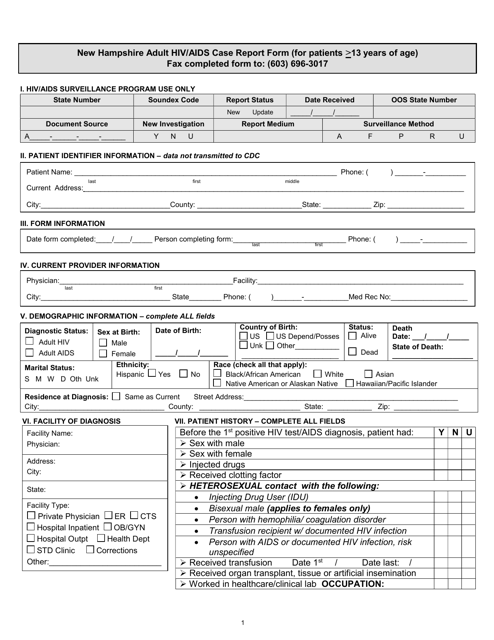 Adult HIV / AIDS Case Report Form (For Patients 13 Years of Age) - New Hampshire Download Pdf