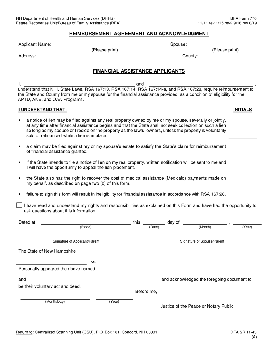 BFA Form 770 Reimbursement Agreement and Acknowledgment - New Hampshire, Page 1