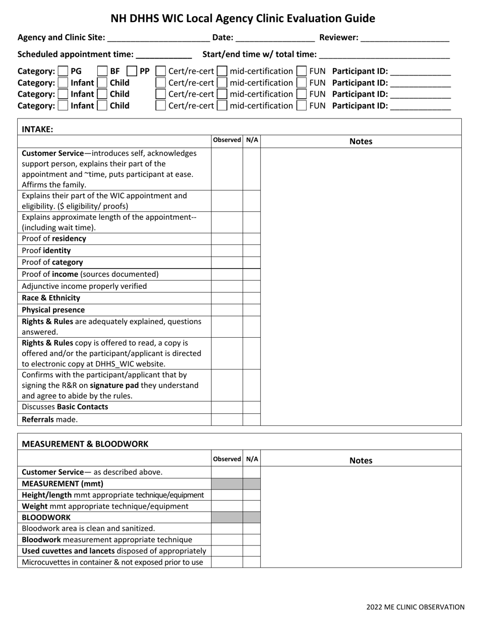 Nh Dhhs Wic Local Agency Clinic Evaluation Guide - New Hampshire, Page 1