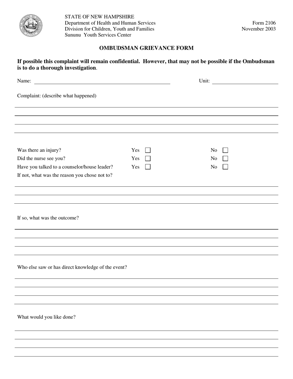 Form 2106 Ombudsman Grievance Form - New Hampshire, Page 1