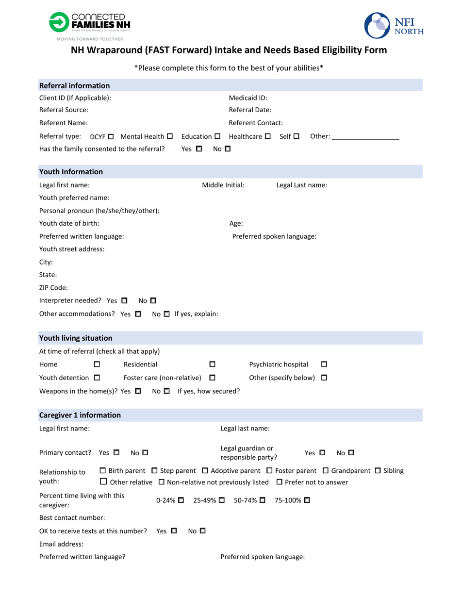 Nh Wraparound (Fast Forward) Intake and Needs Based Eligibility Form - New Hampshire, Page 1