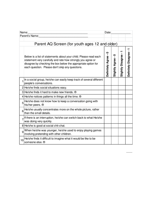 Autism Questionnaire for Children 12 and Older - Parent Version - New Hampshire Download Pdf