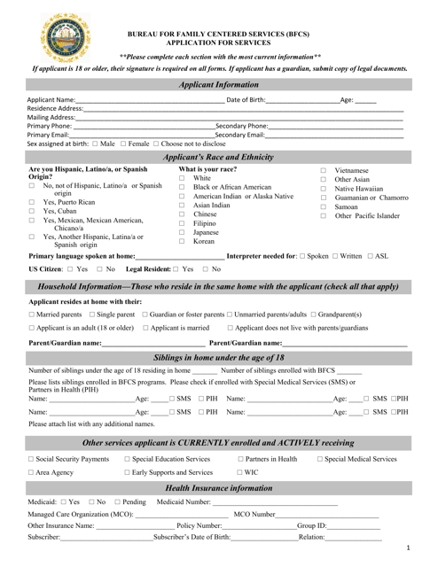 Bureau for Family Centered Services (Bfcs) Application for Services - New Hampshire Download Pdf