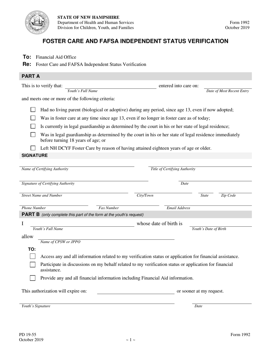 Form 1992 Foster Care and Fafsa Independent Status Verification - New Hampshire, Page 1