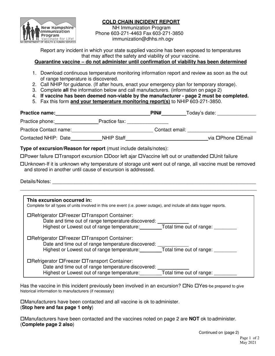 Cold Chain Incident Report - Nh Immunization Program - New Hampshire, Page 1