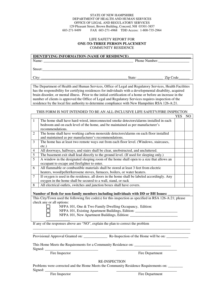 New Hampshire Life Safety Report For One-to-three Person Placement 