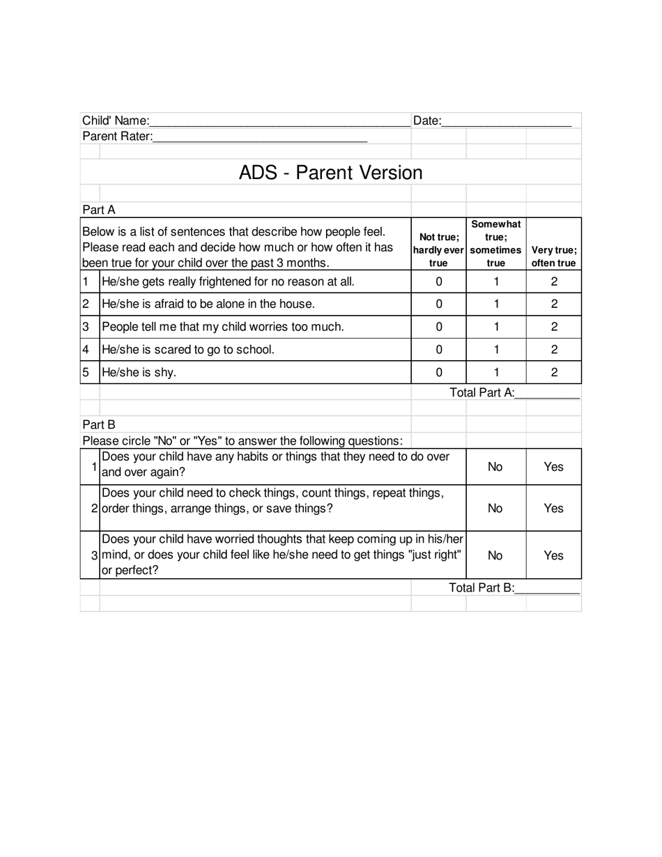 Anxiety and Obsessive / Compulsive Disorders - Parent Version - New Hampshire, Page 1