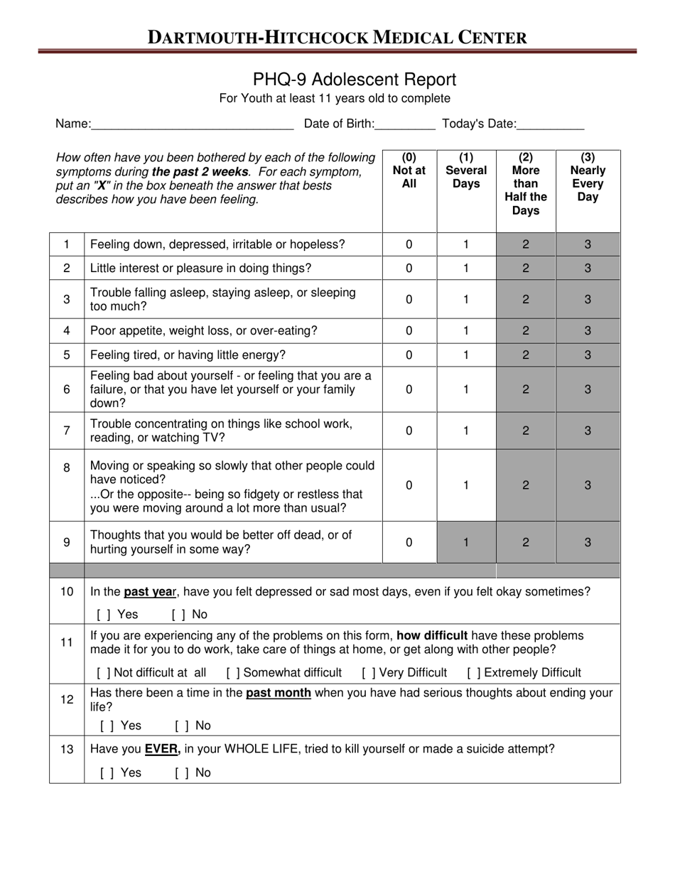 Phq-9 Depression Questionnaire for Adolescents - Child Version - New Hampshire, Page 1