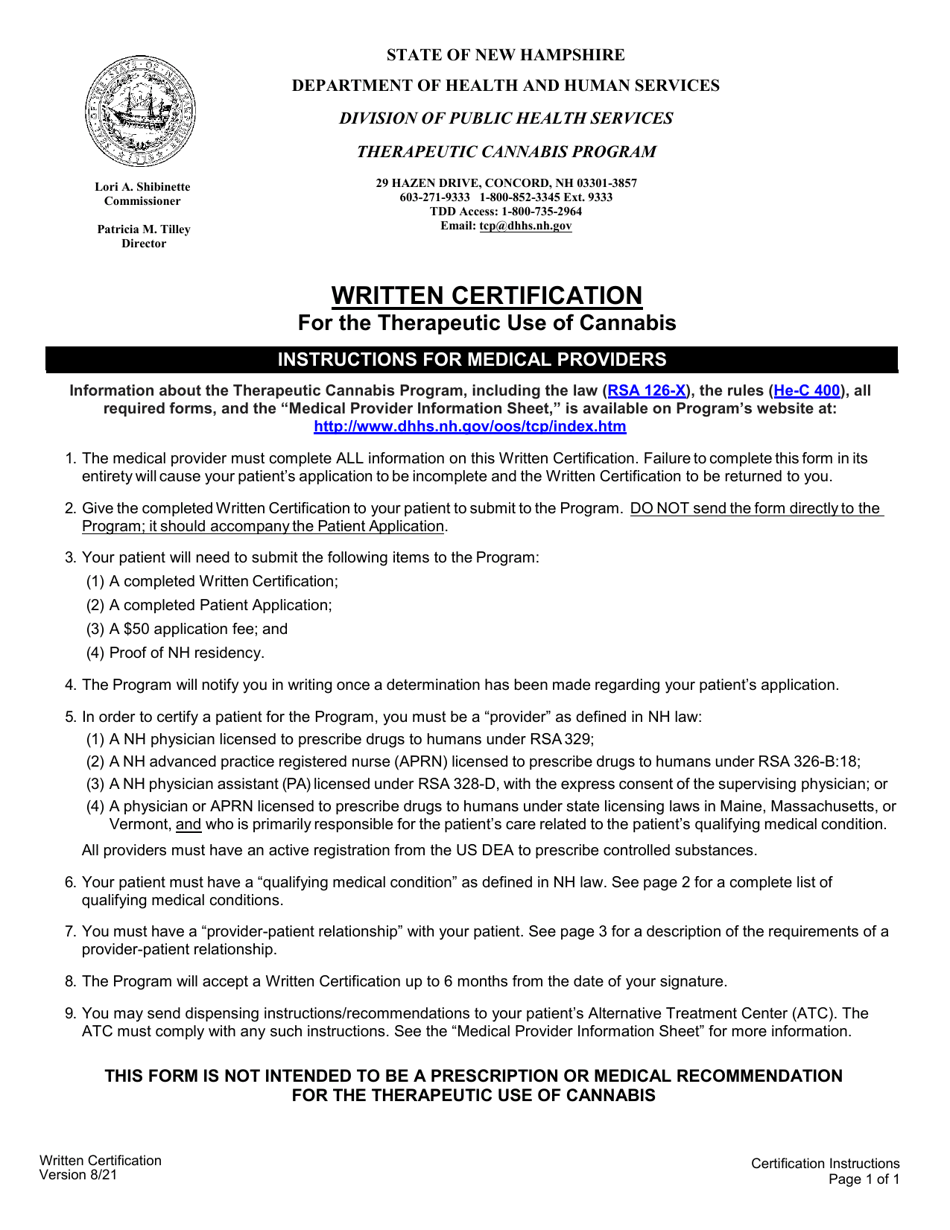 Written Certification for the Therapeutic Use of Cannabis - New Hampshire, Page 1