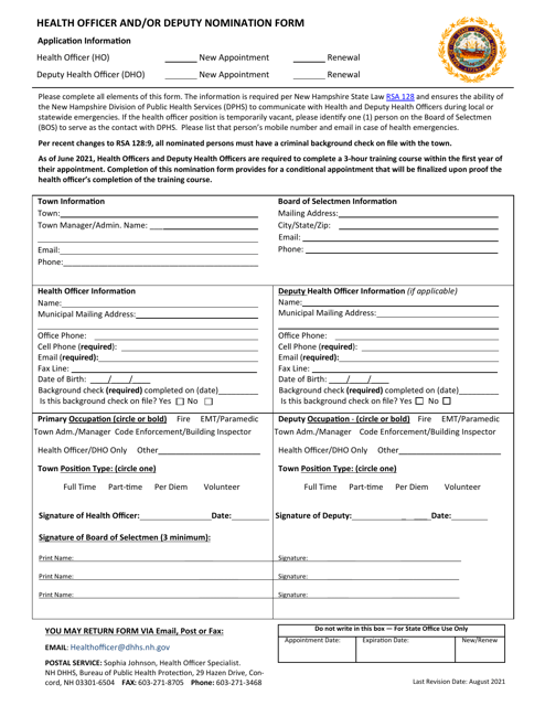 Health Officer and / or Deputy Nomination Form - New Hampshire Download Pdf