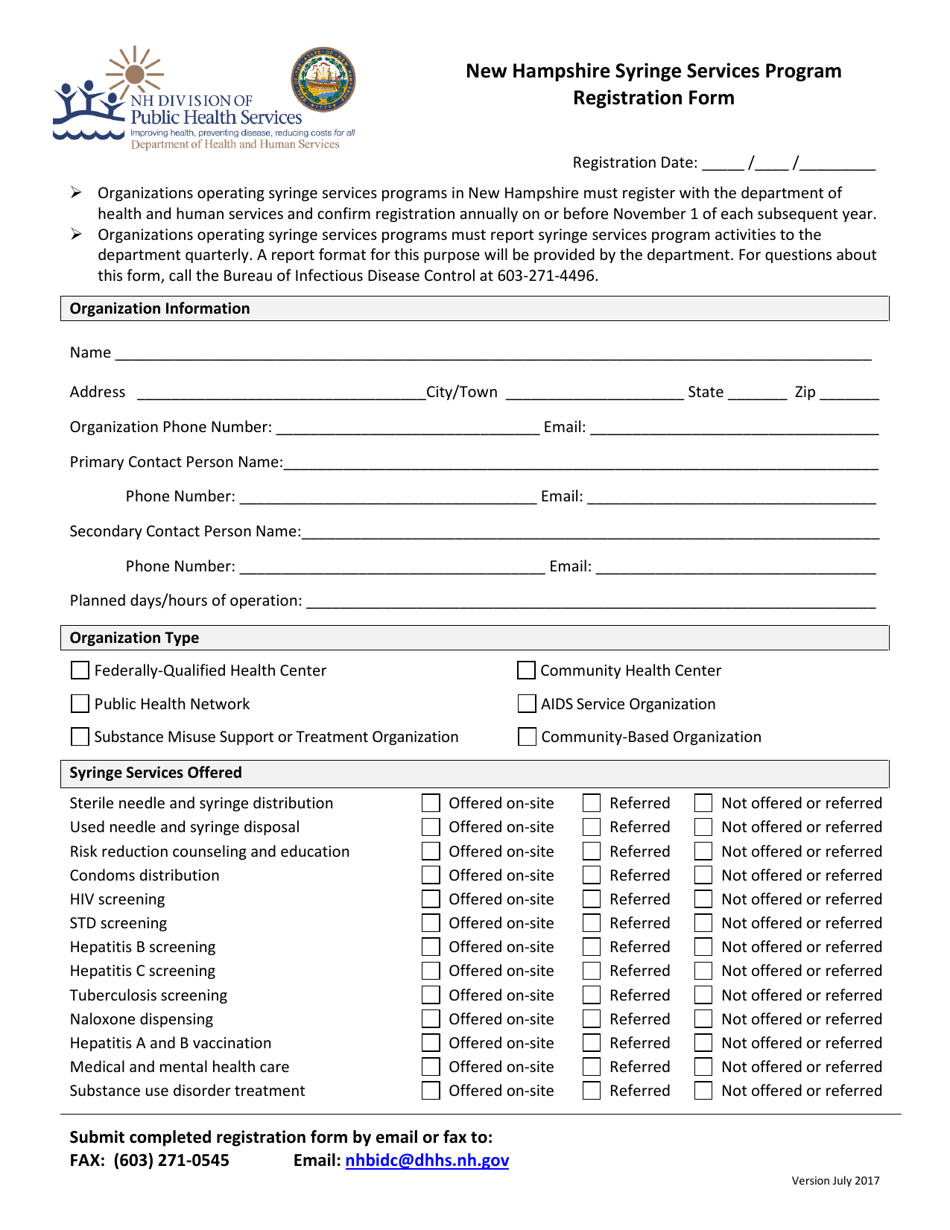 Registration Form - New Hampshire Syringe Services Program - New Hampshire, Page 1