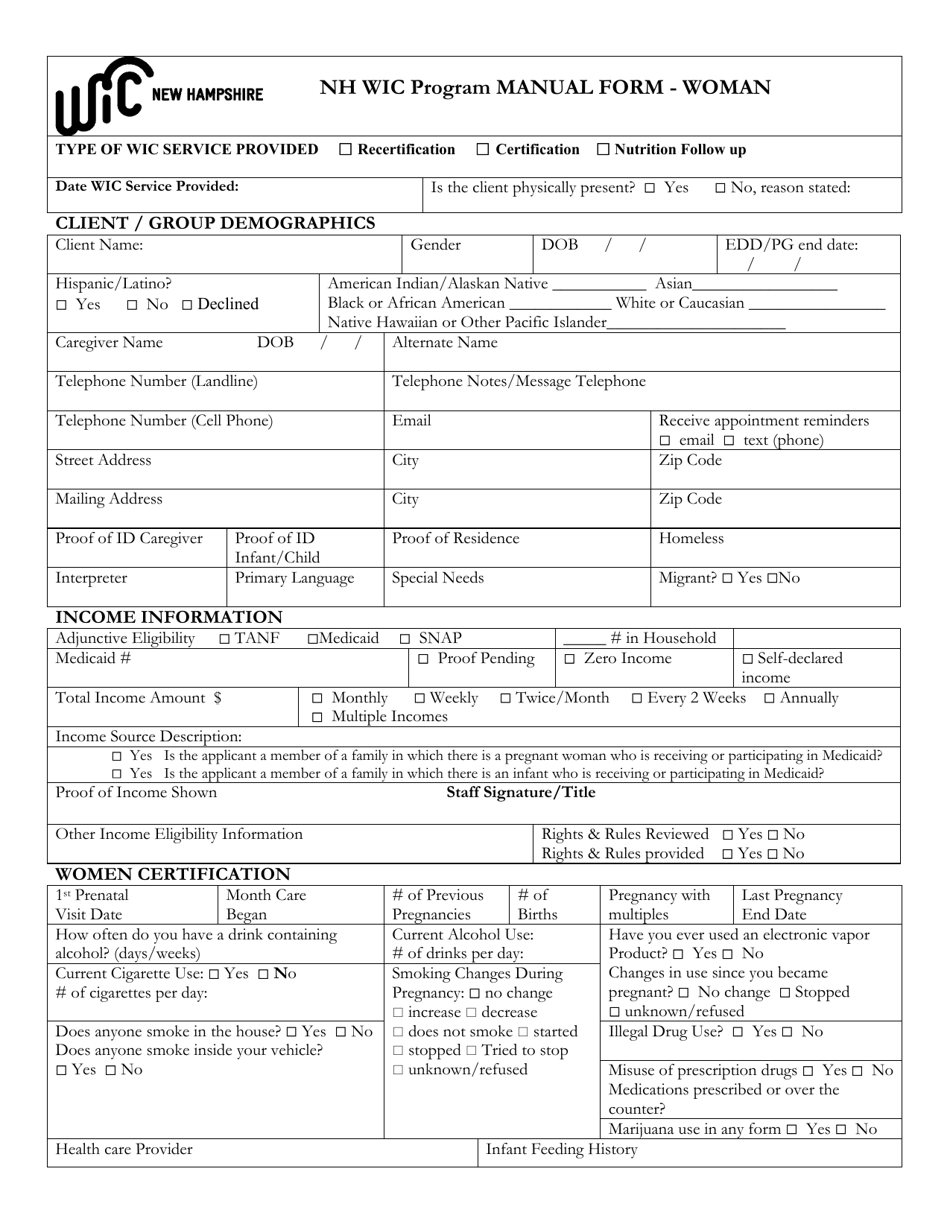 Nh Wic Program Manual Form - Woman - New Hampshire, Page 1