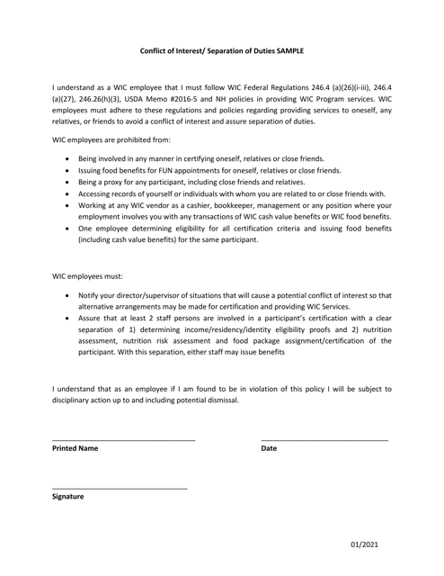 Conflict of Interest/Separation of Duties Sample - New Hampshire