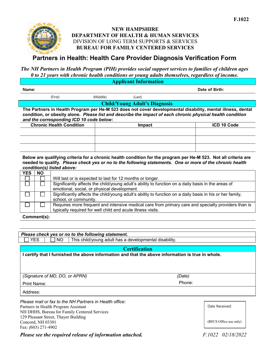 Form F.1022 Partners in Health - Health Care Provider Diagnosis Verification Form - New Hampshire, Page 1