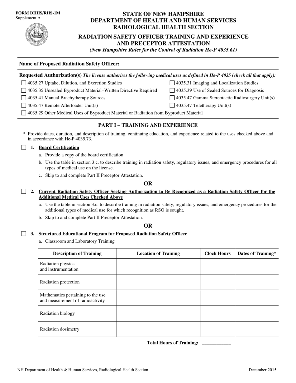 Form RHS-1M Supplement A Radiation Safety Officer Training and Experience and Preceptor Attestation - New Hampshire, Page 1